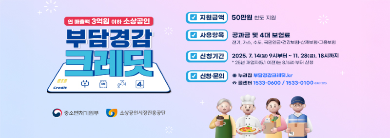 연 매출액 3억원 이하 소상공인 부담경감 크레딧 (중소벤처기업부)(소상공인시장진흥공단) -지원금액:50만원 한도 지원 -사용항목:공과금 및 4대 보험료 전기, 가스, 수도, 국민연금·건강보험·산재보험·고용보험 -신청기간:2025. 7. 14(월) 9시부터 ~ 11. 28(금), 18시까지 *25년 개업자(5.1 이전)는 8.1(금) 부터 신청 -신청·문의 누리집 부담경감크레딧.kr 콜센터 1533-0600(내선 2번)