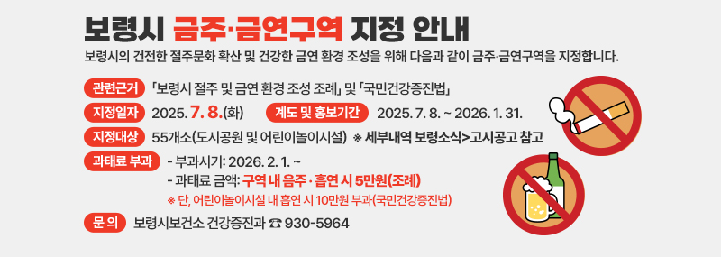 보령시 금주·금연구역 지정 안내 보령시의 건전한 절주문화 확산 및 건강한 금연 환경 조성을 위해 다음과 같이 금주·금연구역을 지정합니다. -관련근거: 「보령시 절주 및 금연 환경 조성 조례」 및 「국민건강증진법」 -지정일자: 2025. 7. 8.(화) -지정대상: 55개소(도시공원 및 어린이놀이시설) ※ 세부내역 보령소식>고시공고 참고 -계도 및 홍보기간: 2025. 7. 8. ~ 2026. 1. 31. -과태료 부과  - 부과시기: 2026. 2. 1. ~   - 과태료 금액: 구역 내 음주·흡연 시 5만원(조례)    ※ 단, 어린이놀이시설 내 흡연 시 10만원 부과(국민건강증진법) -문의: 보령시보건소 건강증진과 ☎ 930-5964