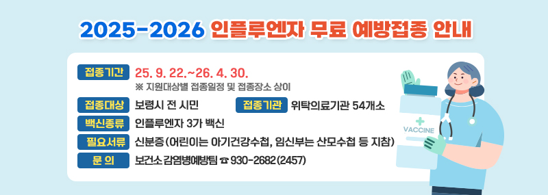 2025-2026 인플루엔자 무료 예방접종 안내 ❍ 접종대상: 보령시 전 시민 ❍ 접종기관: 위탁의료기관 54개소    ※ 지원대상별 접종일정 및 접종장소 상이(예방접종도우미 누리집 확인) ❍ 백신종류: 인플루엔자 3가 백신 ❍ 필요서류: 신분증(어린이는 아기건강수첩, 임신부는     산모수첩 등 지참) ❍ 문    의: 보건소 감염병예방팀 ☎ 930-2682(2457)