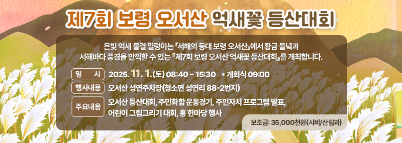제7회 보령 오서산 억새꽃 등산대회 -은빛 억새 물결 일렁이는 「서해의 등대 보령 오서산」에서 황금 들녘과서해바다 풍경을 만끽할 수 있는 『제7회 보령 오서산 억새꽃 등산대회』를 개최합니다. -일시: 2025. 11. 1.(토) 08:40 ~ 15:30 *개회식 09:00 -장소: 오서산 성연주차장(청소면 성연리 88-2번지) - 주요내용: 오서산 등산대회, 주민화합 운동경기, 주민자치 프로그램 발표, 어린이 그림그리기 대회, 흥 한마당 행사